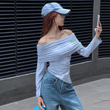 IFOMT Outfits Off The Shoulder Ruched Long Sleeve Solid Bodycon Asymmetrical Casual Clothes Tshirt New Y2K Streetwear Korean Tops