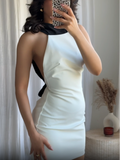Ifomt Women Sexy Back Bow Mini Vestidos Fashion Contrasting Color Round Neck Halter Dress New 2025 Summer Woman Clothing Party Dresses