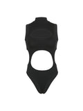 IFOMT Spring Outfits Solid Cut Out Sleeveless Skinny Half High Collar Bodycon Bodysuit Women