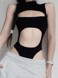 IFOMT Spring Outfits Solid Cut Out Sleeveless Skinny Half High Collar Bodycon Bodysuit Women