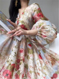 Ifomt French Vintage Printed Short Dresses for Women Lantern Sleeves V-neck Lace Patchwork A-line Birthday Party Dress Mini Vestidos ootd outfit idea