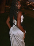 Ifomt Elegant Solid Satin Ruffles Sling Long Dress Lady Sexy Square Collar Backless Sleeveless Lace Up Robes Chic Women Party Dresses