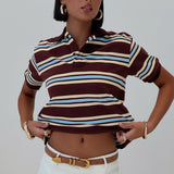 IFOMT Outfit Women's Summer Y2K Vintage Basic T-Shirt Striped Contrast Color Lapel Neck Short Sleeve Aesthetic Grunge Cropped Tops