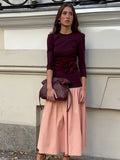 Ifomt Elegant Round Collar Long Sleeve Slim Robe Women Contrast Spliced Pleated Hem Long Dress New Lady Fashion Evening Party Dresses