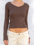 Ifomt Vintage Ribbed Slim Long Sleeve Tees Women V-Neck Casual Basic Cotton Simple Solid Sexy Tops Female Harajuku Chic T-shirts Y2K
