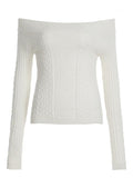 IFOMT Knit Braided Pattern Boat Neckline Slim Fit Crop Sweater