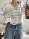 IFOMT Colorful Striped V Neck Short Knit Sweater