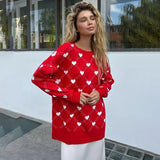 IFOMT Heart Printed Knitted Sweater For Women Mid Length Knitted O-Neck Pullover Sweater Loose Long Sleeve Autumn Winter New