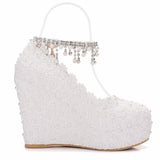 IFOMT  Crystal Queen White Wedges Wedding Pumps Sweet White Flower Lace Pearl Platform Pump Shoes Classic Bride Dress High Heeled Lady