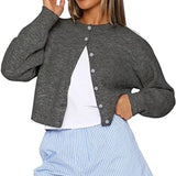 IFOMT Outfit Women's Y2K Retro Cropped Knit Cardigan Solid Color Crew Neck Single Breasted Sweaters Long Sleeve Chic Softy Tops