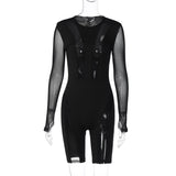 IFOMT Outfits Mesh Hollow Out O Neck Spliced Long Sleeve Zipper Back Rompers Jumpsuits Sportsuit Winter Casual Y2K Streetwear Clothes