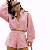 IFOMT Outfit Winter Furry Two Piece Set Solid Color Women Tracksuit Long Sleeve with Zipper Sweatshirt Tops High Waisted Sexy Set