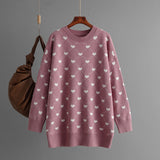 IFOMT Heart Printed Knitted Sweater For Women Mid Length Knitted O-Neck Pullover Sweater Loose Long Sleeve Autumn Winter New