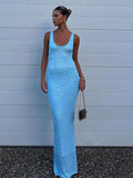 Ifomt Fashion Shinny Knitted Slim Long Dress For Women Sexy Sparkling Glitter V Neck Maxi Robes Ladies New Summer Beach Party Dresses