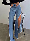 IFOMT High Waisted Side Split Out Jeans Women Casual Loose Cargo Black Pants Streetwear Summer Wide Leg Long Baggy Y2k Jeans