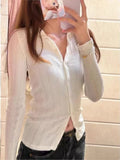 Ifomt New Autumn White Long Sleeve Ribbed Tee Shirt Single Breasted Slim Chic Women T-shirt Hollow Out Tight Y2K Pullovers Top Spring