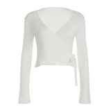 IFOMT Spring Outfits Simple Solid Crisscross Lace Up Women V-Neck Tops Long Sleeve Slim Fit Office Lady All-Match Fashion Blouses