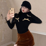 IFOMT Outfit Women Y2K Bow High Neck  Tees Long Sleeve Fairy Grunge T-Shirts Aesthetic Slim Fit Crop Tops Harajuku Vintage Clothes