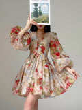 Ifomt French Vintage Printed Short Dresses for Women Lantern Sleeves V-neck Lace Patchwork A-line Birthday Party Dress Mini Vestidos ootd outfit idea