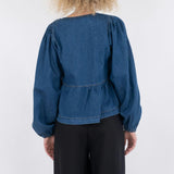 IFOMT Outfit Women's Y2K Vintage Denim T-Shirts Elastic Lantern Long Sleeve Aesthetic Bow Tied V-Neck Ruffled Flare Cropped Tops