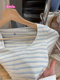 Ifomt Sweet Blue Stripes Slim Long Sleeve T-Shirt Women Sexy Crew Neck Casual Cotton Tees Tops Spring Vintage Cute Ribbed Crop Top Y2k