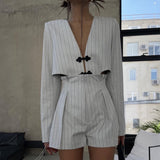 IFOMT Designer Women's Striped Set Casual Oversized Blazer Two Pieces Set For Women Pullover Long Sleeve Shirt Tops And Shorts