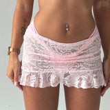 IFOMT Outfits Women's Y2K Floral Lace See-through Elastic Low Waist Ruffled Hem Slim Fit Short Mini Mermaid Skirts Bikini Cover-ups