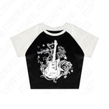 Ifomt Fashion Y2K Fake Two Guitar Print Punk T-shirts Women Slim Goth Street Retro black Tops Dark crop Tops Sexy Clothing 2000s Tops Casual Outfit