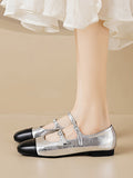 IFOMT Belt Buckle Round-Toe Split-Joint Flat Shoes Mary Janes