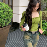 IFOMT Square Neck Pleated Sexy Tops Casual  Autumn Slim Long Sleeved T-shirt for Women's Ins Fashion Crop Top