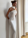 Ifomt Chic Metal Ring Halter Long Dress Women Elegant Solid Color Slim Fit Sleeveless Backless Robes New Summer Evening Party Dresses