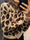 IFOMT Leopard Print Knit Sweater Cardigan For Women O-Neck Jacquard Long Sleeve Knitted Jacket 2025 New Casual Female OutwearChristmas Gifts