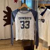 Ifomt 33 Cowboys Printed Slim Long Sleeve T-shirts Streetwear Round Neck Tight  Fall Tees Cotton Gray Navy Blue Patchwork Y2k Tops