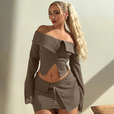 IFOMT Outfits Off The Shoulder Long Sleeve Button Crop Top Short Skirt Women'S Sets Casual Clotehs Elegant Evening Sexy Set Y2K