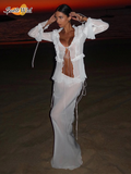 Ifomt Chic Ruffle Hem U Neck Full Sleeve Tops Suit Women Summer Lace Up Slim Fit Solid Color 2pcs Set Summer Lady Holiday Beach Outfit