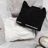 Ifomt V Neck Slim Long Sleeve T-shirts Fashion Tight Folds Basic Crop Top Woman Spring Solid Color Casual Street Y2K Summer Tees