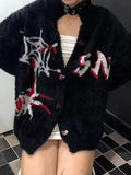 IFOMT Spider Web Print Fuzzy Loose Cardigan