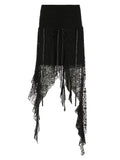 IFOMT Spring Outfits Black Solid Goth Lace Midi Skirts Womens Asymmetrical Hem Chic Fashion Vacation Boho Outfits