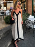 IFOMT V Neck Backless Maxi Dresses For Women Color Block Slim Sexy Sundress Femme Street Fashion Party Temperament Dress Woman