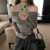 IFOMT Solid Sexy Off Shoulder T-shirt Elegant Long Sleeve Tops Black Fashion Slim T Shirt Women Autumn Y2k Clothing Elastic Skinny Top