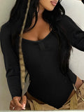 IFOMT Spring Outfits Front Ruched Skinny Long Sleeve Black Bodysuit Women Spring Autumn Solid Simple Basic Bodys Tops