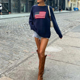 IFOMT Outfit Women's Y2K American Retro Vintage Flag Sweaters Casual Long Sleeve Crew Neck Loose Fit Knit Pullover Jumper Tops