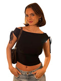Ifomt CUTENOVA 2024 Summer Solid Color Sexy Off Shoulder Tops Lace Up Sleeveless T-Shirt Casual Slim Crop Top  Black Short Sleeve Wome Casual Outfit