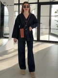 Ifomt Street Belt Denim Jacket Pants Set Women V-neck Single Breasted Pockets Coat Straight Wide Leg Jean 2025 Spring Retro Lady Suits