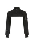 IFOMT Spring Outfits Zip Up Stand Collar Long Sleeve Black Cropped Jackets Women Pocket Safari Style Streetwear