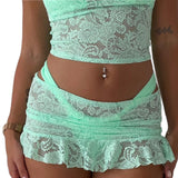 IFOMT Outfits Women's Y2K Floral Lace See-through Elastic Low Waist Ruffled Hem Slim Fit Short Mini Mermaid Skirts Bikini Cover-ups