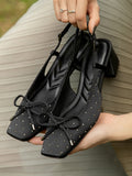 IFOMT Belt Buckle Rhinestone Split-Joint Square-Toe Pumps Sling Shoes