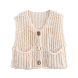 IFOMT Fashion Sleeveless Knitted Cardigan Vests For Women Autumn New Short Sweater Button With Pockets Solid Color Knitted TopChristmas Gifts