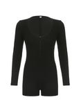 IFOMT Spring Outfits Hollow Hook Front Skinny Sexy Black Rompers Womens Black Solid O Neck Long Sleeve Autumn Winter Playsuit Basic Baddie Outfits