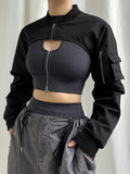 IFOMT Spring Outfits Zip Up Stand Collar Long Sleeve Black Cropped Jackets Women Pocket Safari Style Streetwear